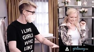 Scissoring with a passionate Asian beauty Ember Snow and her blonde friend in Girlsway style