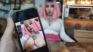 The dirty slut is tired of waiting for an order in the restaurant and decided to have a snack with my cum