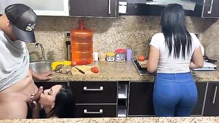 Beautiful 18-year-old step-daughters cook and have sex with their step-father in the kitchen