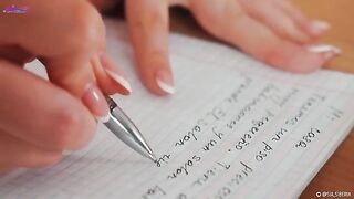 A hot girl squirts while learning Spanish, showcasing her wet pussy in action