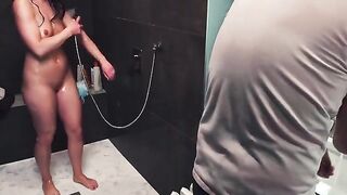 Handjob with ruined orgasm and hot shower finish