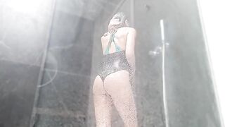 Sweet wet pussy makes the girl squirt in the shower from masturbation