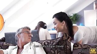 Old guy fucked his son's girl, ending with a facial thrill