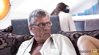 Old guy fucked his son's girl, ending with a facial thrill