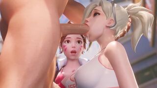 Mercy teaches DVA how to make a deepthroat move in this steamy Overwatch 3D scene
