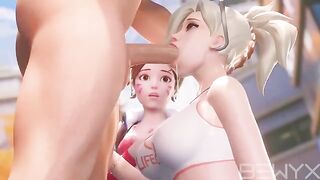Mercy teaches DVA how to make a deepthroat move in this steamy Overwatch 3D scene