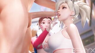 Mercy teaches DVA how to make a deepthroat move in this steamy Overwatch 3D scene