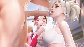 Mercy teaches DVA how to make a deepthroat move in this steamy Overwatch 3D scene