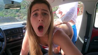 A blonde babe got fucked hard in the car on public parking