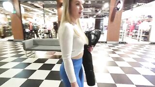 A hot blondie with a big ass fucks in the shopping mall toilet for cash