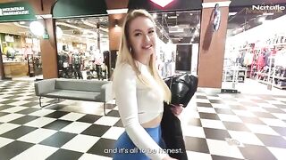 A hot blondie with a big ass fucks in the shopping mall toilet for cash
