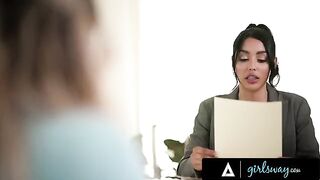 Busty lawyer Vanessa Sky tries to take advantage of her client Kayley Gunner