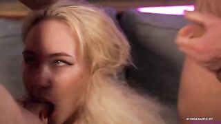 Two guys with one girl, intense threesome action with double blowjob