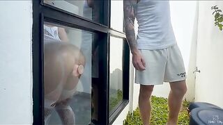 A blonde babe shows her new neighbor a phallus in an intimate peep show