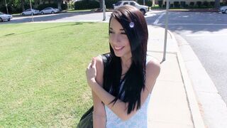 Petite teen Mia Hurley shows her tits for money and fucks outdoors