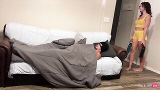 Horny wife fucks her husband's friend on the couch and gets creampied