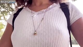 Girl masturbating in public place and reaching orgasm with a stranger watching