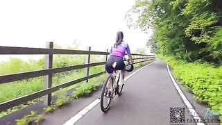 A couple has sex while cycling, getting cum on their faces