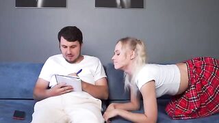 She lets her stepbrother fuck her throat and cum on her face for doing her homework