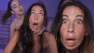 Submissive bimbo teen gets her brains cum out through cervix crushing FFM rough fuck