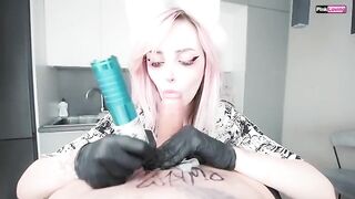 A blowjob during a tattoo session is painful and pleasant at the same time