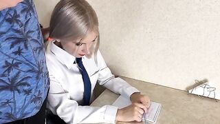 A cute schoolgirl was fucked by her adult tutor on the table