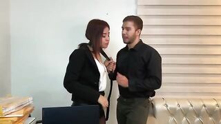 The secretary, in sexy stockings, fucks her handsome boss hard