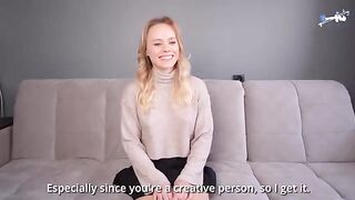 A cute blonde girl with a big ass fucks at her first porn casting