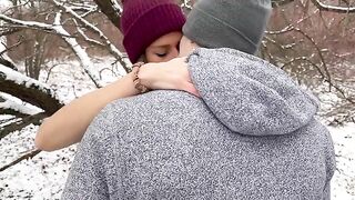 A wife gets creampied by her husband and friend in the middle of a snowstorm