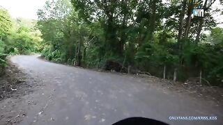 A cute girl gets on a motorbike with a stranger and fucks in the jungle