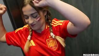 A Spanish supporter was fucked in anal and DP in the parking lot after the soccer match