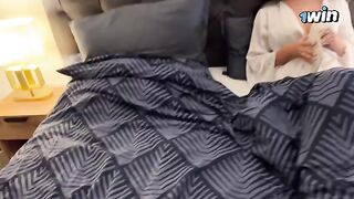 A sexy stepmom shared a bed with her stepson on a rainy night