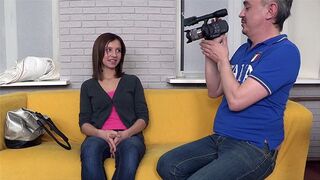 Cute brunette babe gets fucked on casting by a guy with a fake mustache