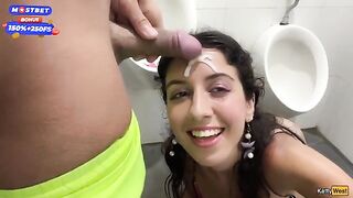 Public blowjob and cum walk on a waterfall with many people around
