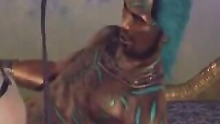 Brunette woman caresses herself on a big cock and moans