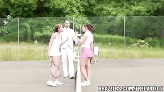 A girl has sex with her friend on the tennis court with a rich uncle
