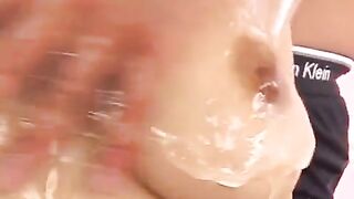 Oiled Japanese boobies and fingers, a hot handjob action!