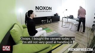Brunette woman fucked at the casting on the table with a strong dick