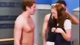 A cute schoolgirl wandered into a locker room and got into a wild group encounter