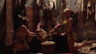 Red-skinned babes fuck with the heroes of fairy tales in an intense threesome