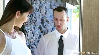 A beautiful woman has sex with a noble man on the couch