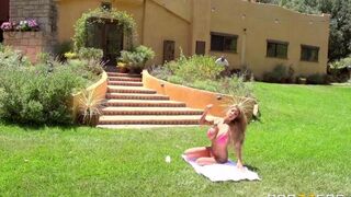 Blonde in sexy dress has sex on the grass