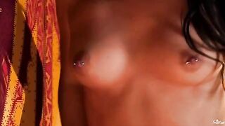 A chick with a nipple piercing plays with her pierced nipples and fingers