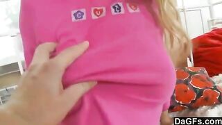 A sweet young blonde girl plays with herself in different poses on the bed