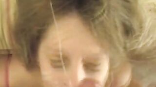 A cum shot on the girl’s face after a great blowjob