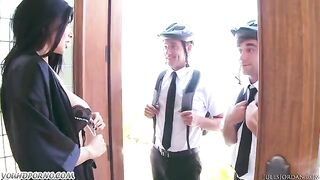 Appetizing girl fucked by two Jehovah’s witnesses in threesomes