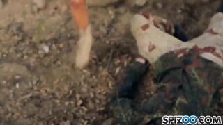 A man fucked in an abandoned warehouse by two sexy blondies with big tits
