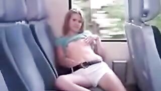 On the bus in the back seat, lifting the skirt began to iron the pussy through panties