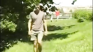 The guy fingered his big dick in the hayloft, imitating sex