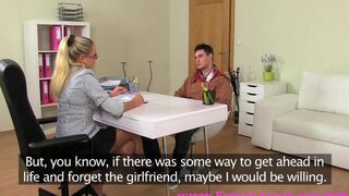 A horny blonde girl is fucking on the couch at her casting